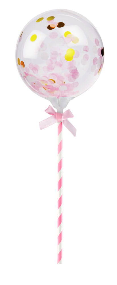Balon transparentny na patyczku z konfetti rózowym