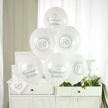 Balony komunijne biodegradowalne biało-srebrne 30cm/ 6szt.