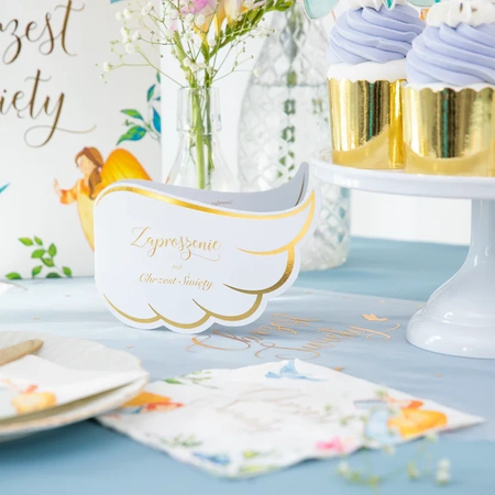 Zaproszenie na chrzest Skrzydła biało-złote 10szt