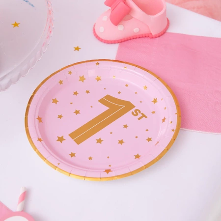 Talerzyki różowe w złote gwiazdki Roczek 18 cm