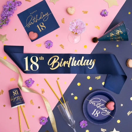 Szarfa urodzinowa 18th Birthday granatowo-złota 10x160cm