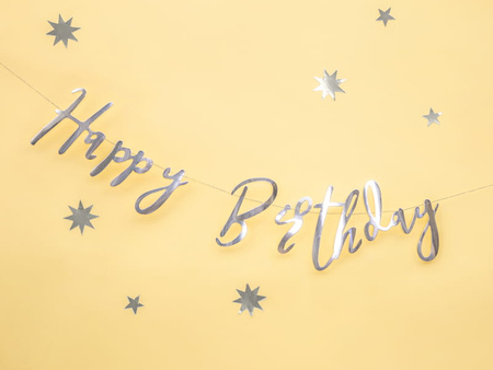 Baner Happy Birthday, srebrny, 16,5x62cm