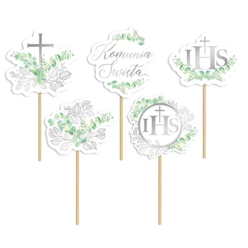 Toppery na tort komunijny Eukaliptus srebrny 5szt. zestaw