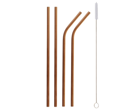 Rurki metalowe, różowo-złote, 2 zagięte, 2 proste i szczoteczka