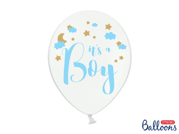 Balon biały z błękitno-złotym nadrukiem It's a Boy 30 cm