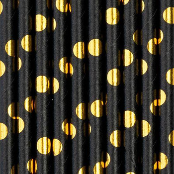 Słomki papierowe, czarne w złote kropki, 10 szt.