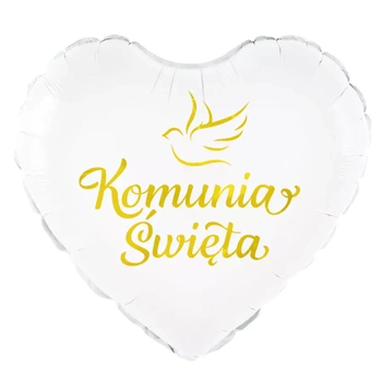 Balon foliowy biały serce Komunia Święta Gołąbek, 45 cm