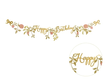 Baner Happy Birthday Flowers, różowo-złoty, 1,3m