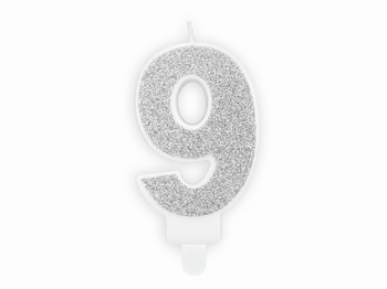 Świeczka cyfra 9 srebrna brokatowa, 7 cm