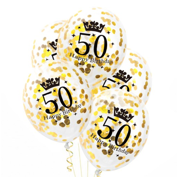 Zestaw balonów na 50 urodziny z konfetti w kolorze złotym / 5szt.